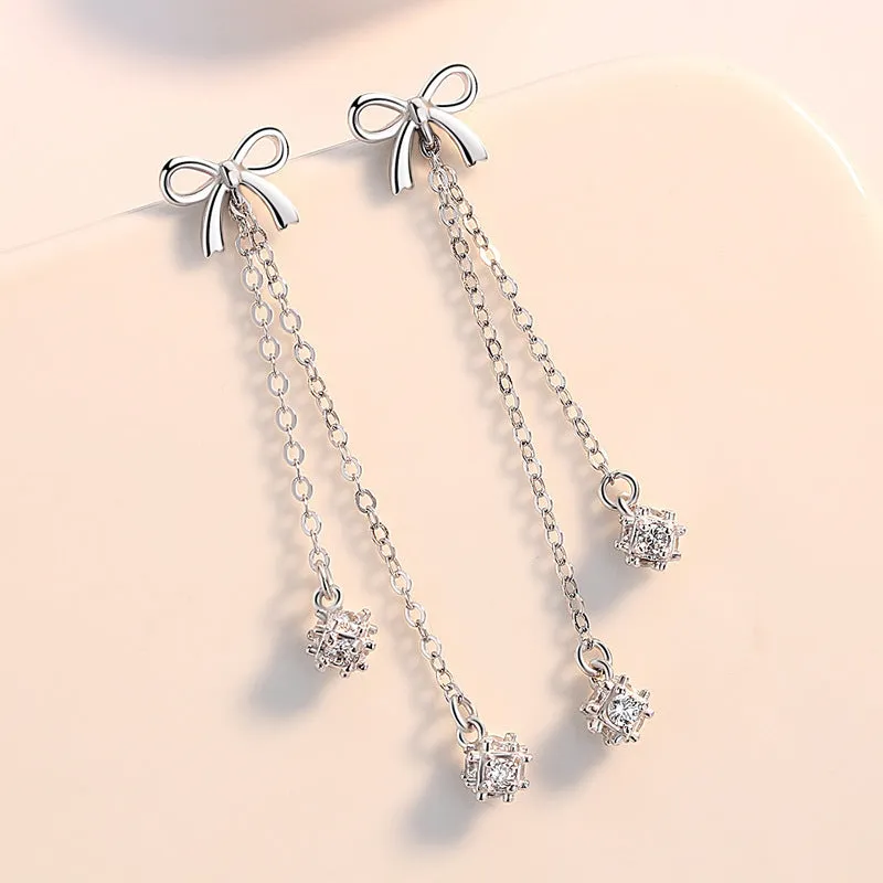 Bow with Zircon Tassels Silver Drop Earrings for Women