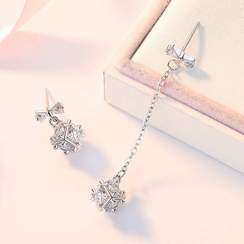 Bowknot Cube with Zircon Asymmetric Silver Drop Earrings for Women