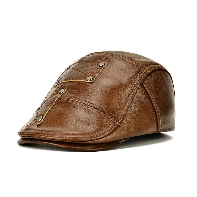 Brand Genuine Leather Beret Hat Men Brown Cowhide Winter Berets Ear Flaps Plus Velvet Peaked Cap For Men