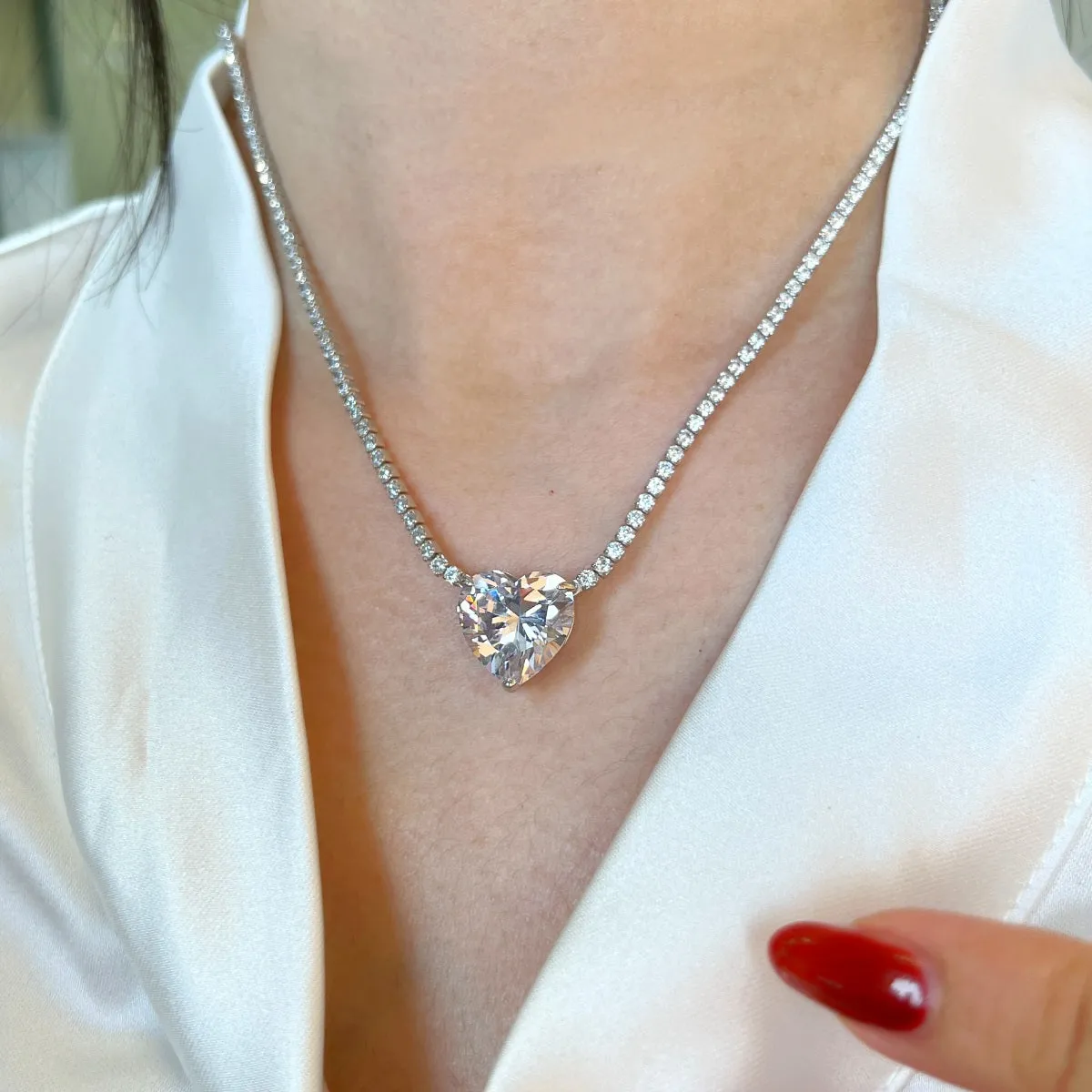 Bridal 8 Carat Heart Pendant Tennis Necklace