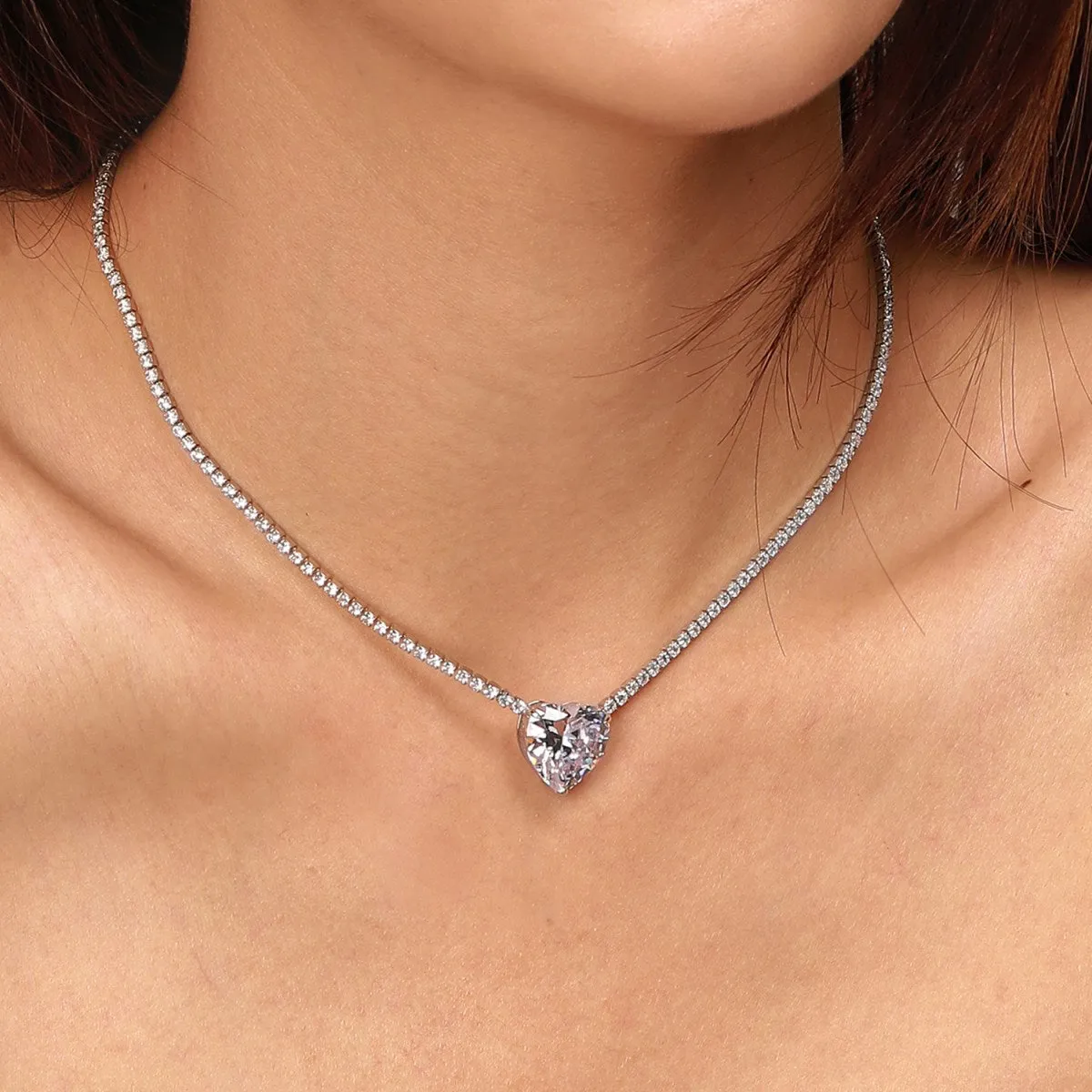 Bridal 8 Carat Heart Pendant Tennis Necklace