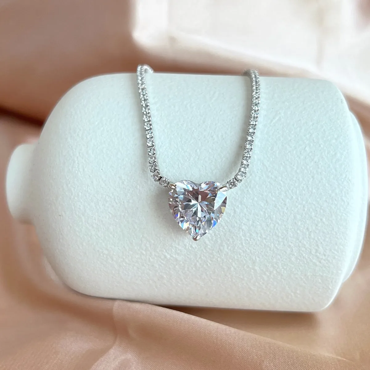 Bridal 8 Carat Heart Pendant Tennis Necklace