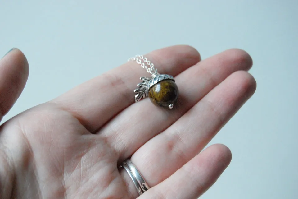 Brown Jasper and Silver Acorn Necklace | Gemstone Acorn Charm Necklace | Cute Autumn Necklace | Nature Jewelry