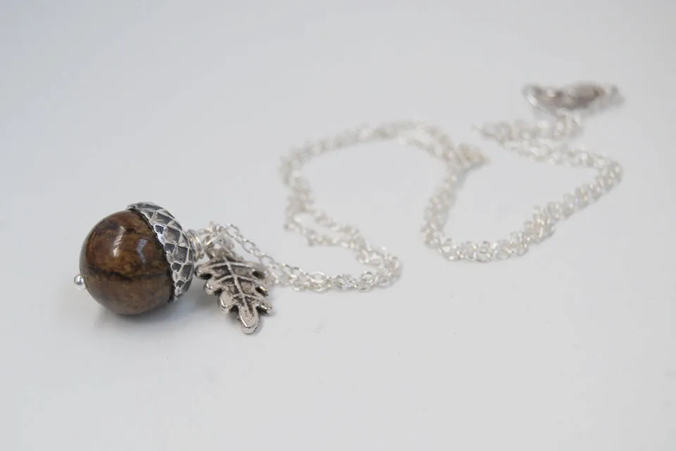 Brown Jasper and Silver Acorn Necklace | Gemstone Acorn Charm Necklace | Cute Autumn Necklace | Nature Jewelry