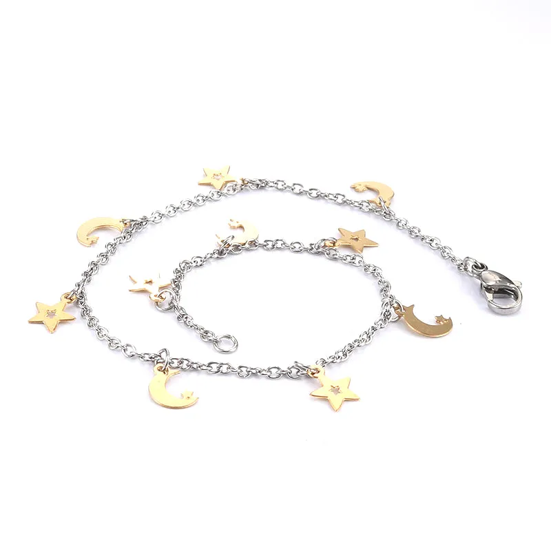 Celestial Elegance: Personalized Titanium Steel Night Sky Bracelet with Moon Pendant for Women