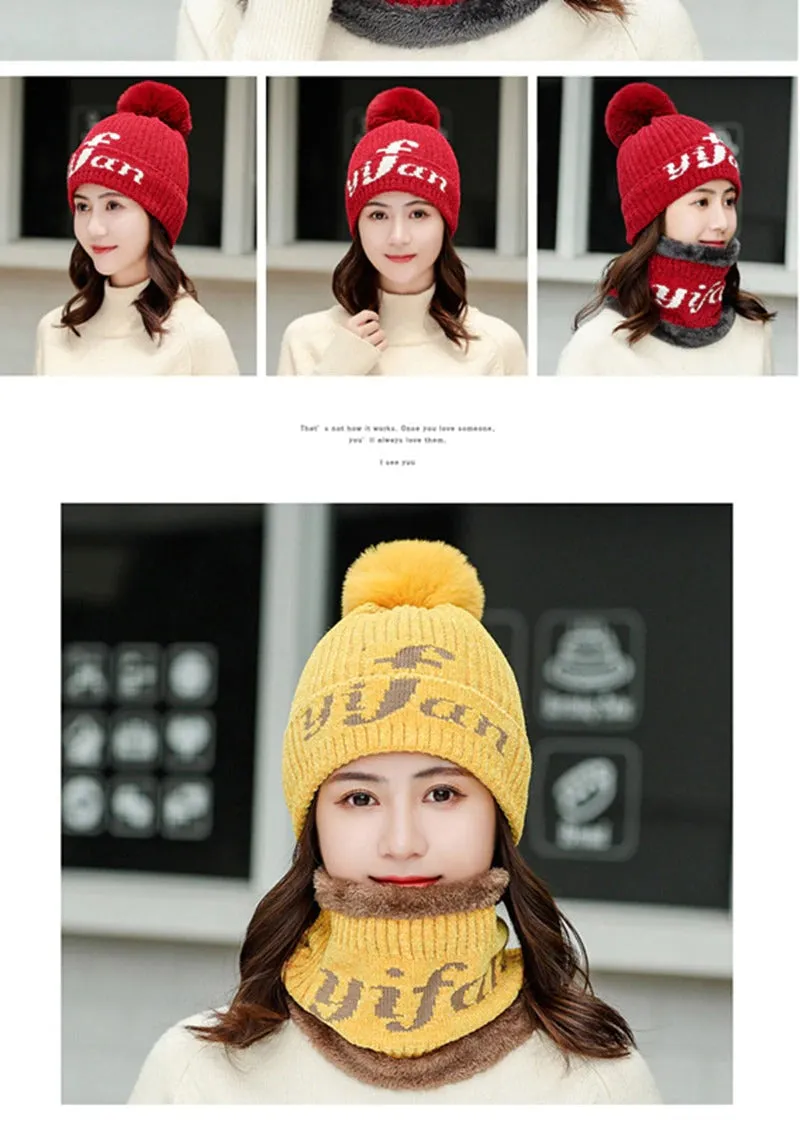 Chenille Plus Velvet All-match Pompoms Outdoor Knitted Woolen Warm Winter Cap