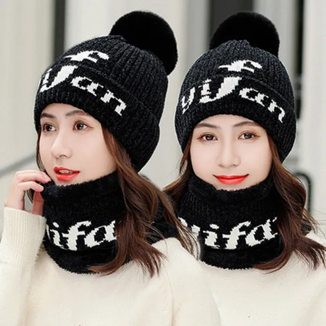 Chenille Plus Velvet All-match Pompoms Outdoor Knitted Woolen Warm Winter Cap