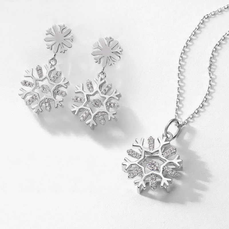 Christmas Snowflake Pendant Zircon Sterling Silver Drop Earrings