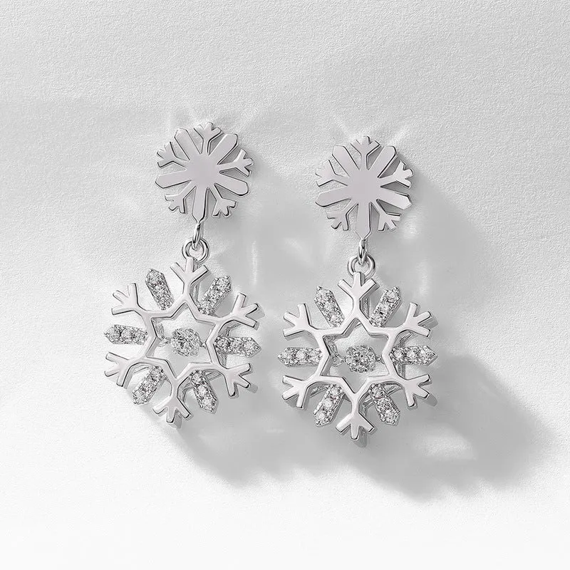 Christmas Snowflake Pendant Zircon Sterling Silver Drop Earrings