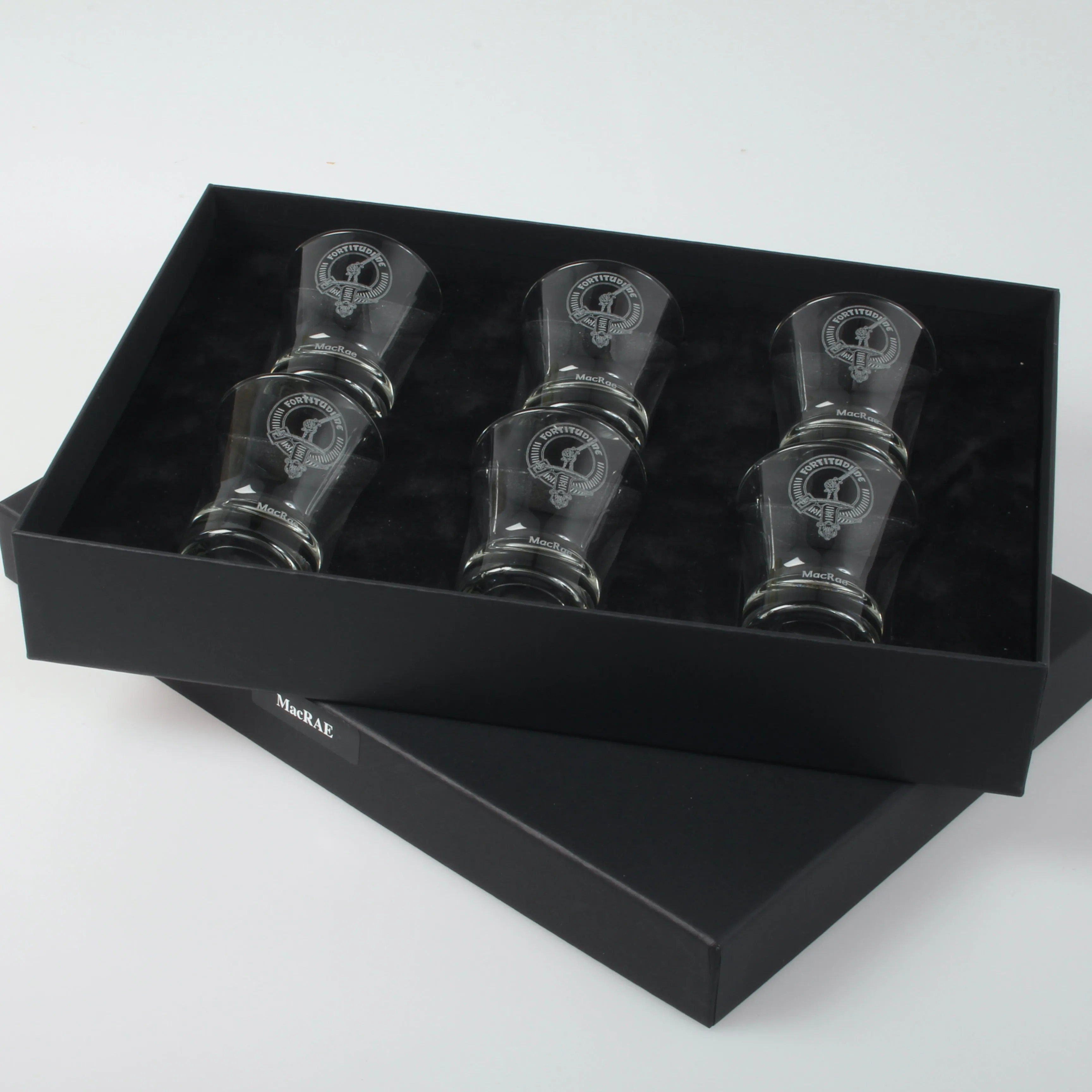 Clan Crest Dram Glass Set of 6 with MacRae Crest