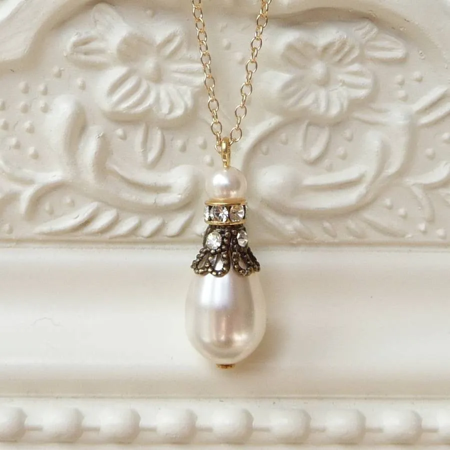 Crystal Filigree And Pearl Pendant Necklace