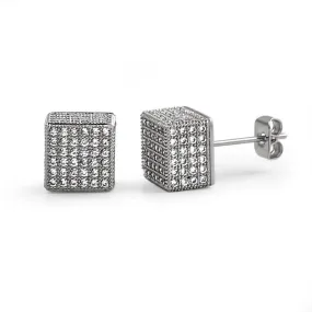 Cube Rhodium CZ Hip Hop Bling Bling Earrings