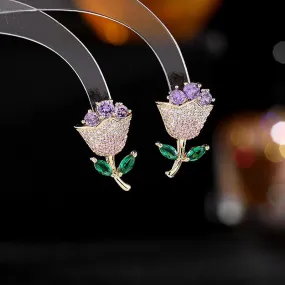 Cubic Zircon Tulip Stud Earring for Wedding,, Flowers Crystals Earrings for Bride, Women Girl Birthday Party Jewelry LYG037