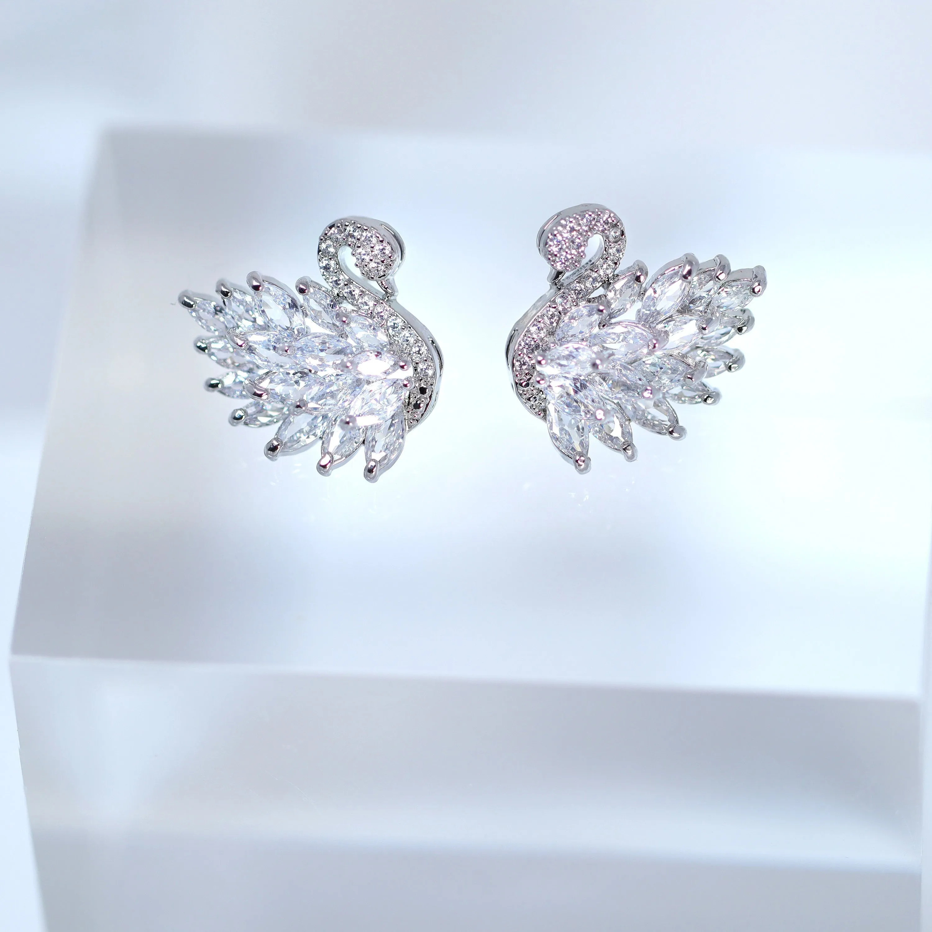 Cubic Zirconia Diamond Swan stud Earrings, Bridal Jewelry, Bridal Stud Earrings, Crystal Bridal Earrings, Statement Earrings Cz