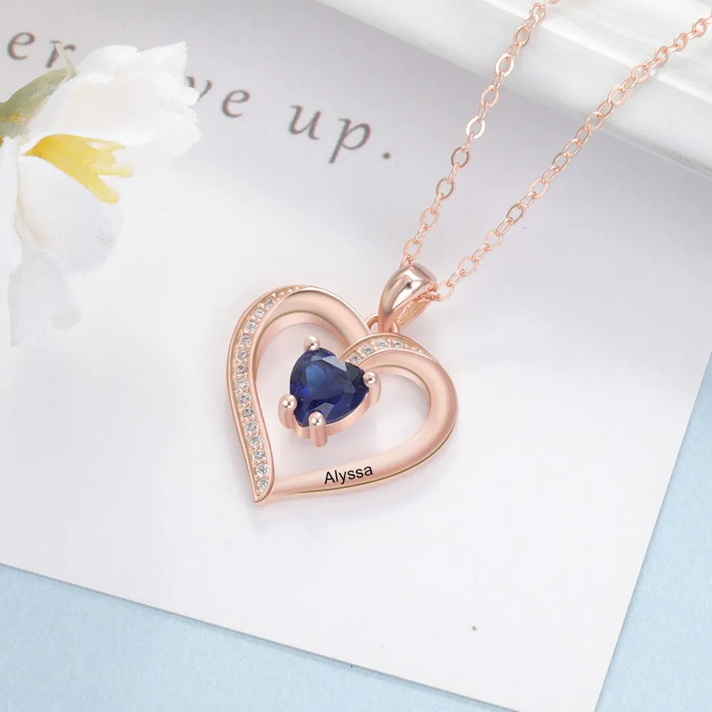 Customize Birthstone Name Silver Heart Necklace