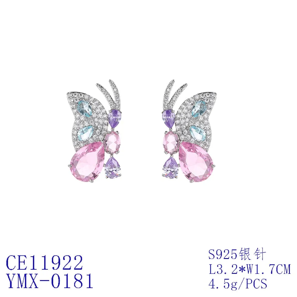 Cute Cubic Zircon Butterfly Earrings for Wedding, Crystals Stud Earring for Bride, 925 Silver Pin CE11922