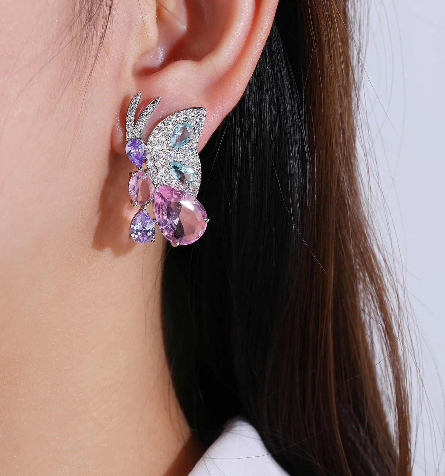 Cute Cubic Zircon Butterfly Earrings for Wedding, Crystals Stud Earring for Bride, 925 Silver Pin CE11922