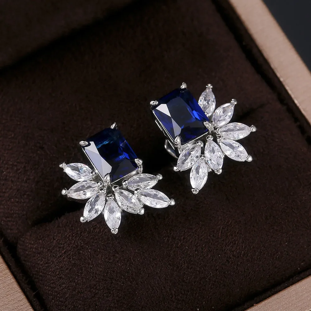 Dainty Cubic Zirconia Flower Stud Earrings for Women with Radiant cut Stone