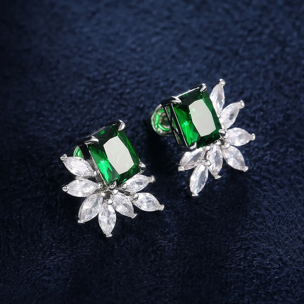 Dainty Cubic Zirconia Flower Stud Earrings for Women with Radiant cut Stone