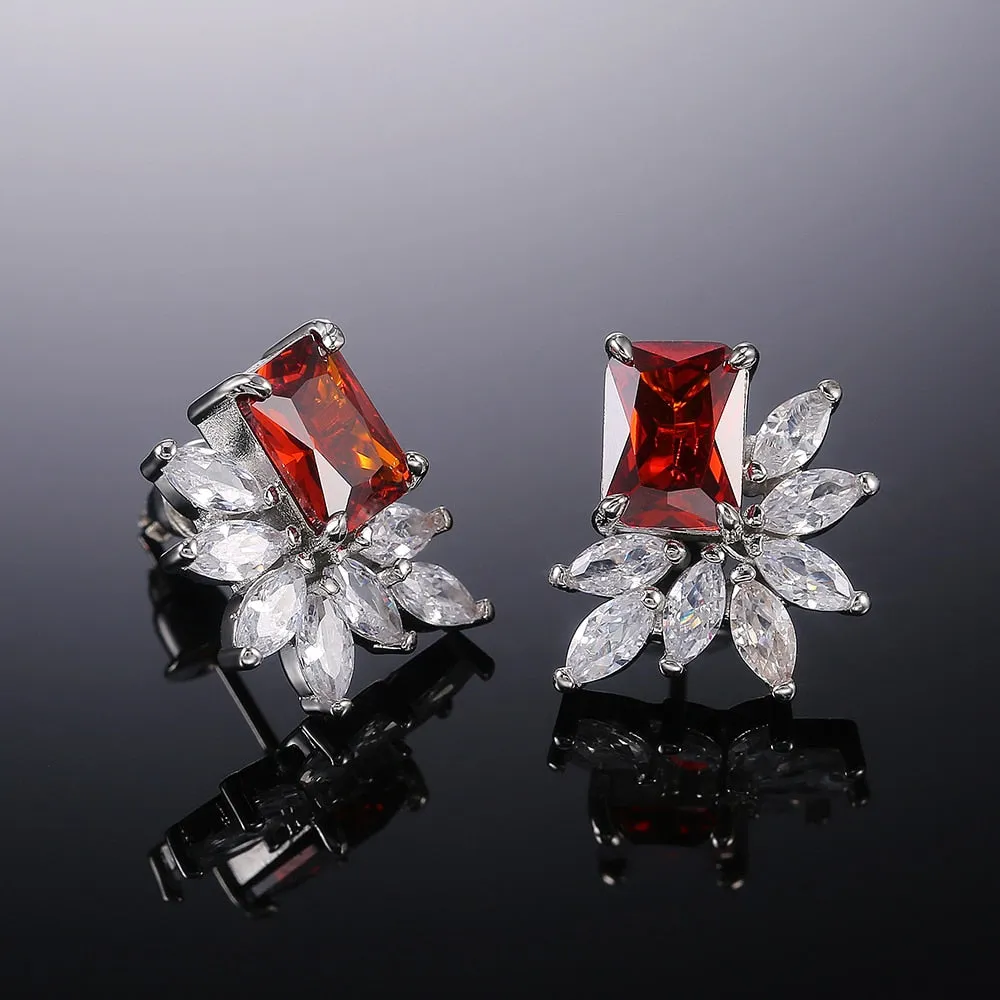 Dainty Cubic Zirconia Flower Stud Earrings for Women with Radiant cut Stone