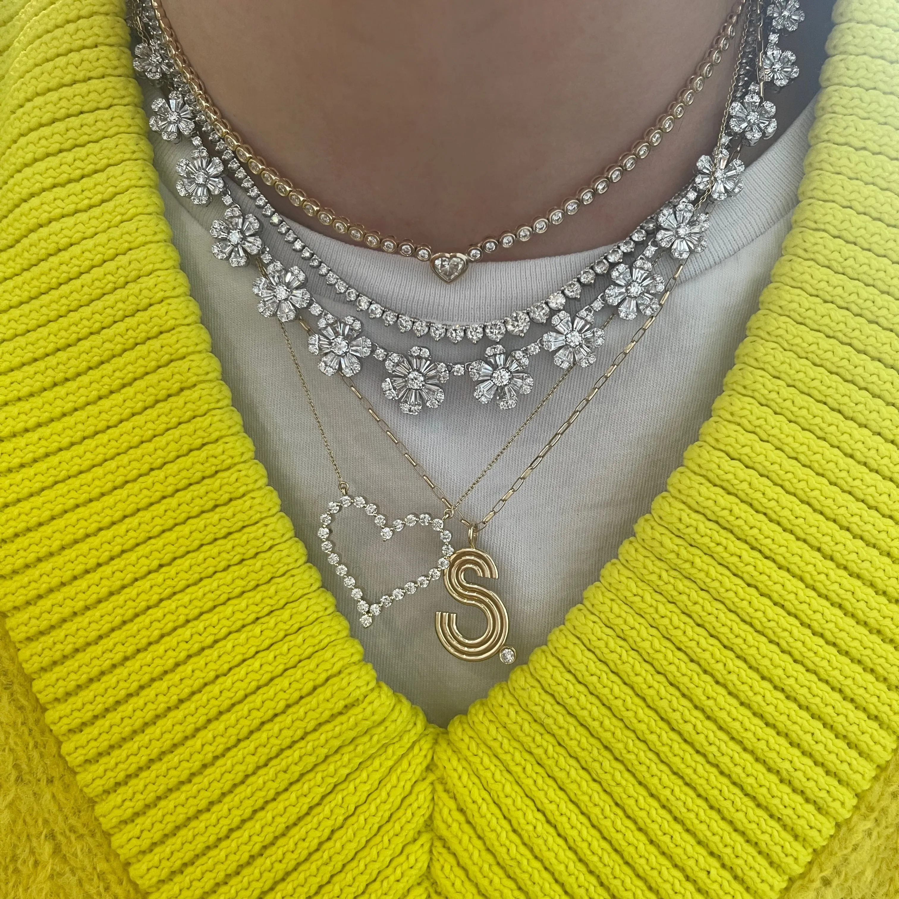 Diamond Bezel Heart & Rounds Collar Necklace