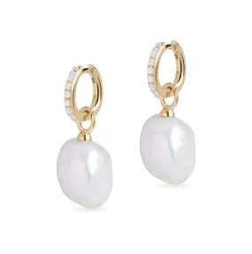 Diamond Crystal Huggie and Baroque Pearl Charm Gold Earring Set