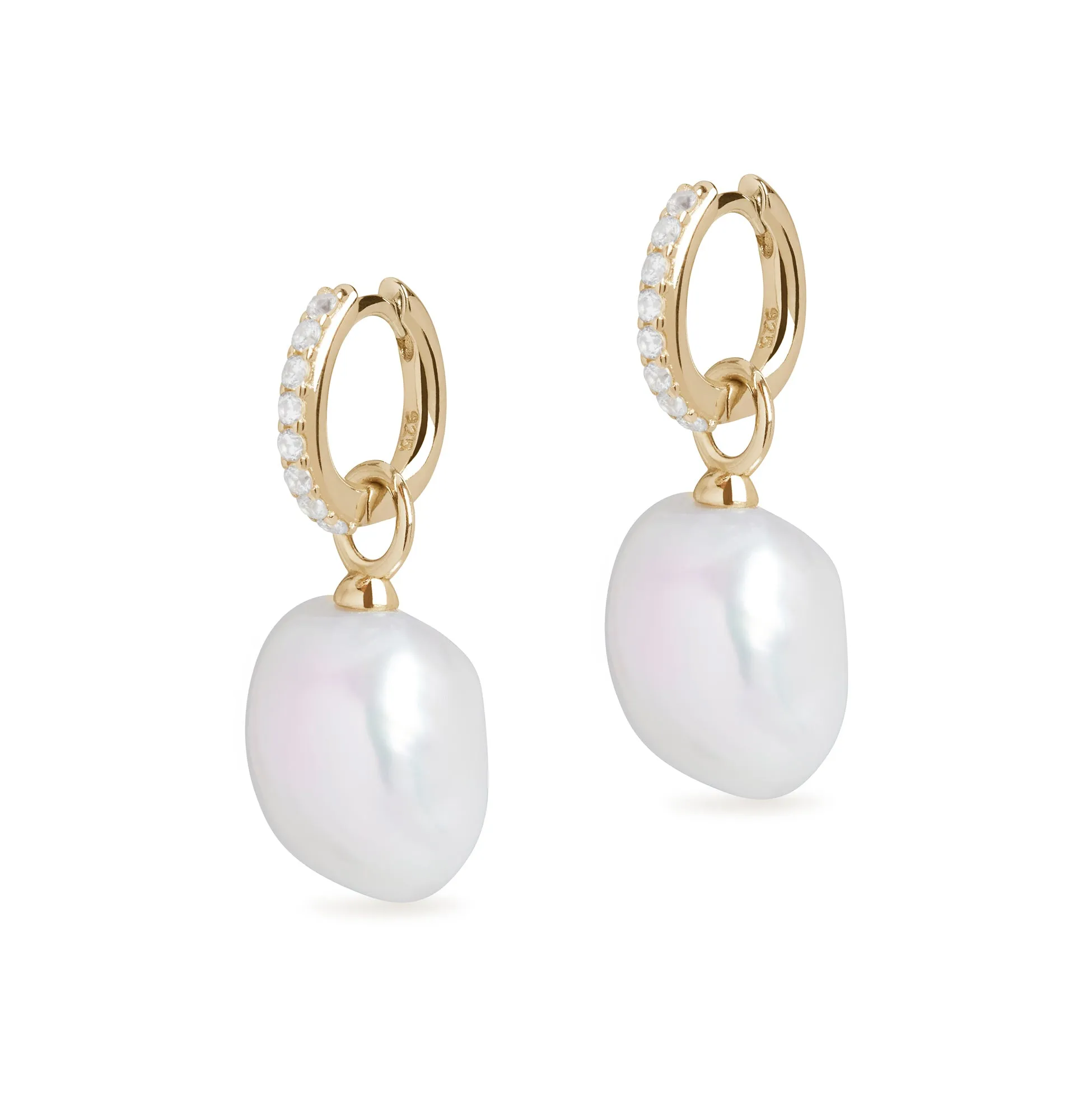 Diamond Crystal Huggie and Baroque Pearl Charm Gold Earring Set