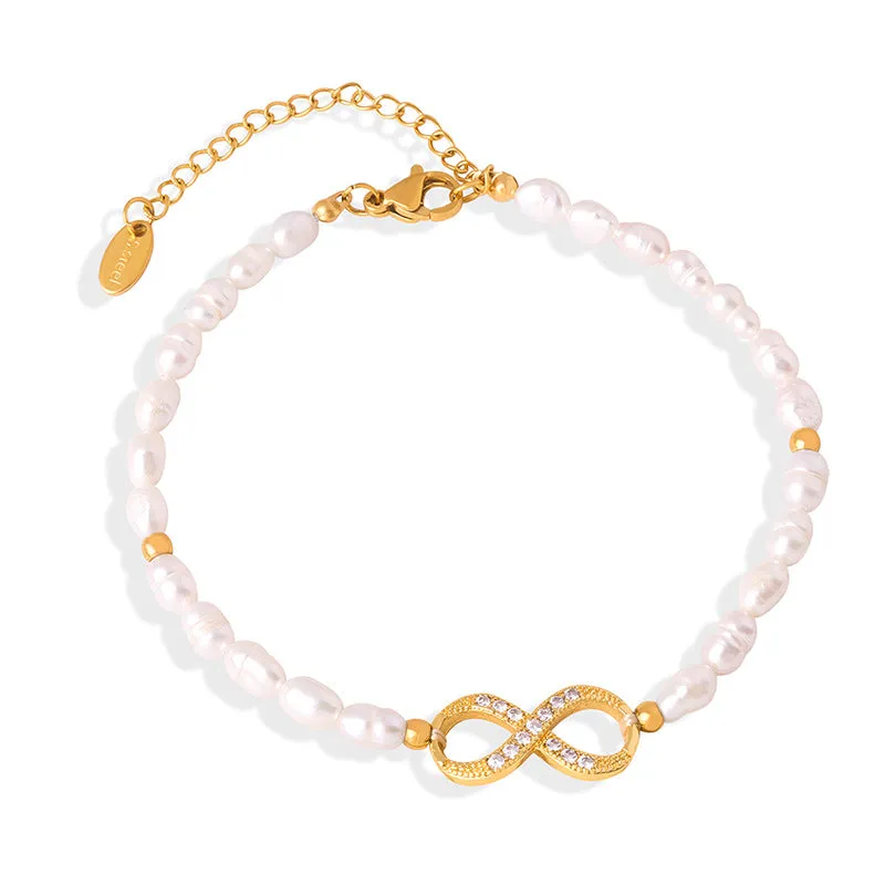 Diamond Infinity Charm Freshwater Pearl Bracelet