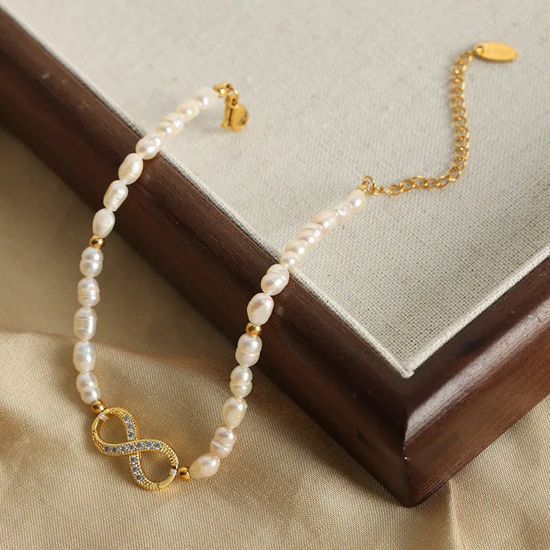 Diamond Infinity Charm Freshwater Pearl Bracelet