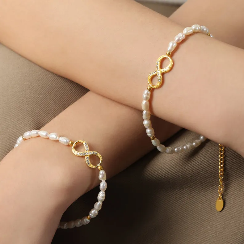 Diamond Infinity Charm Freshwater Pearl Bracelet