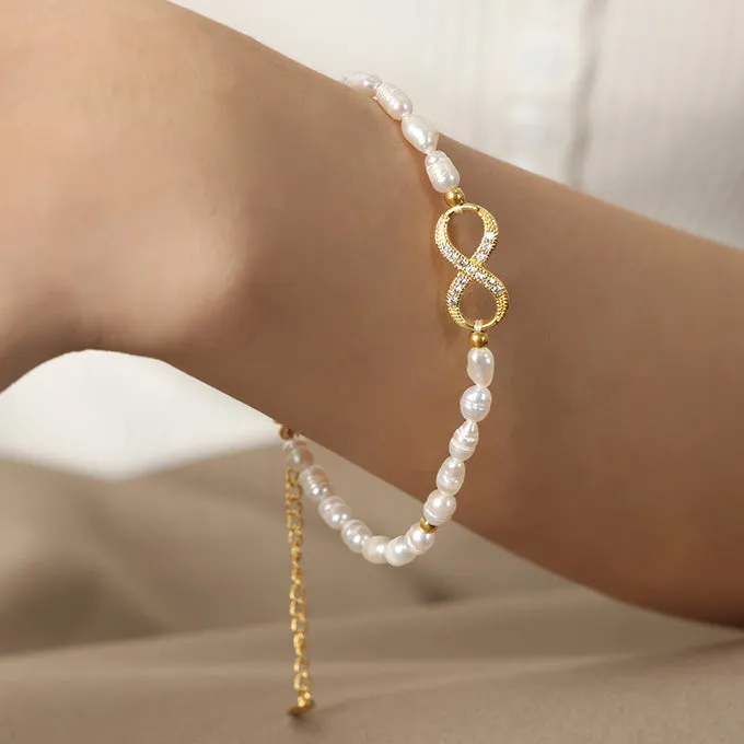 Diamond Infinity Charm Freshwater Pearl Bracelet