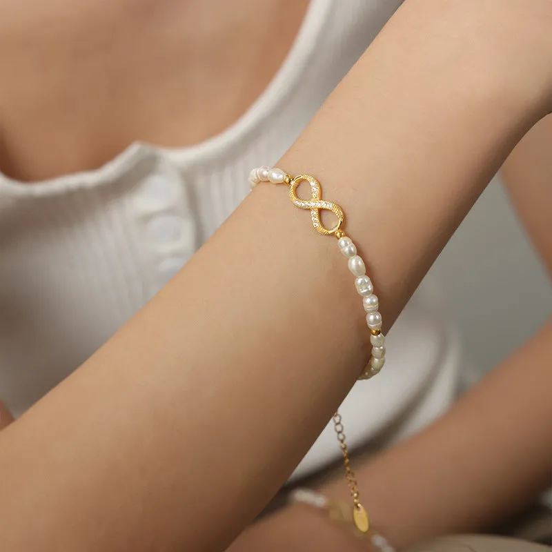 Diamond Infinity Charm Freshwater Pearl Bracelet