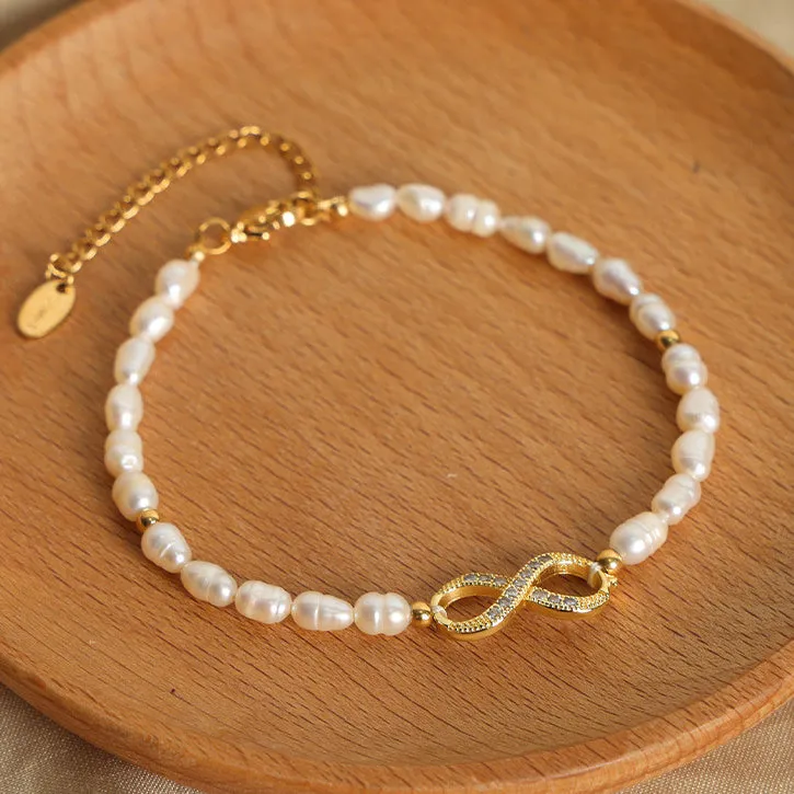 Diamond Infinity Charm Freshwater Pearl Bracelet