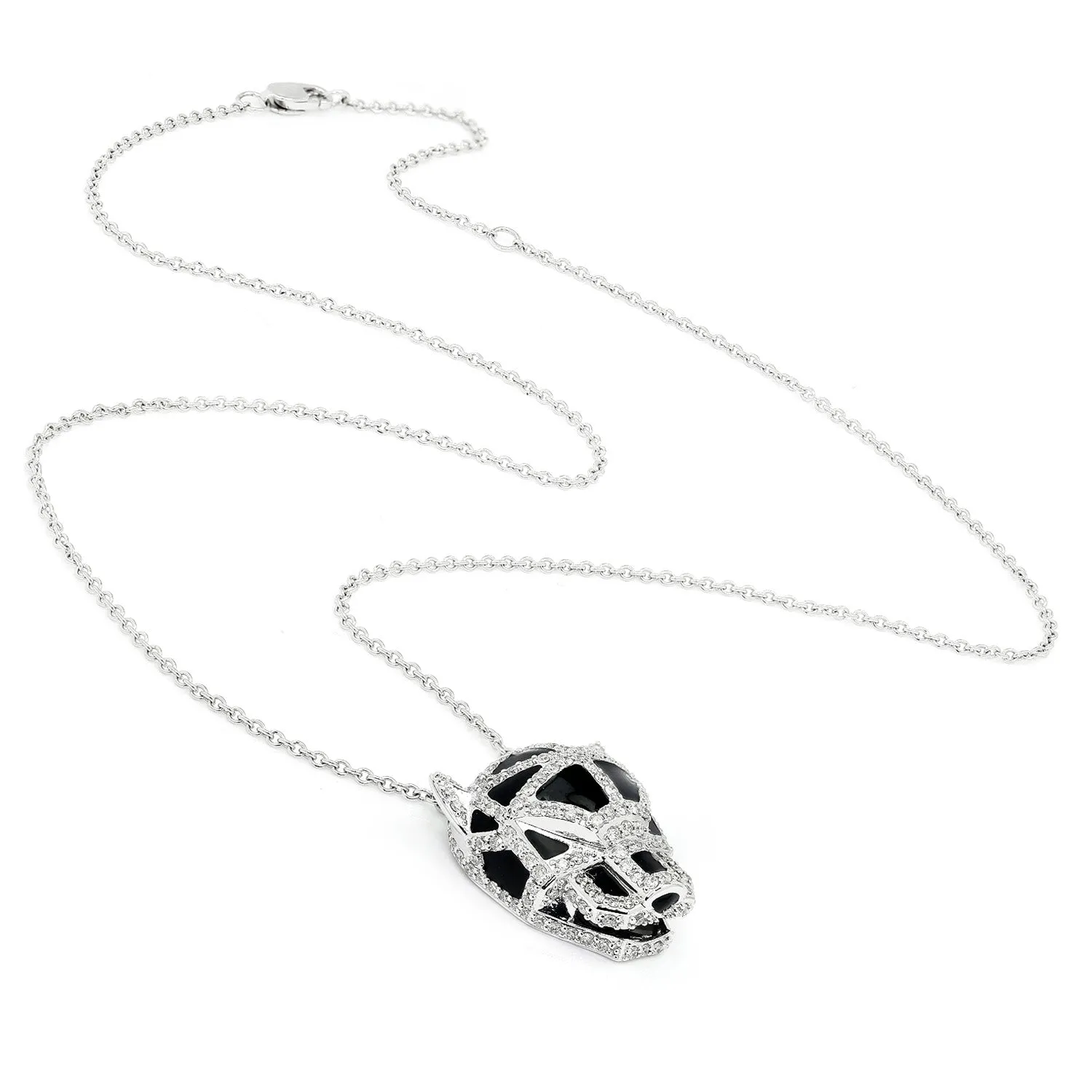 Diamond Panther Head Pendant Necklace with Black Enamel 14K