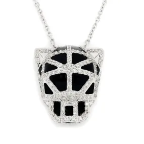 Diamond Panther Head Pendant Necklace with Black Enamel 14K