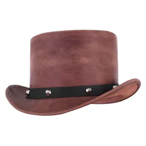 Distressed Style Classic Genuine Brown Leather Top Hat