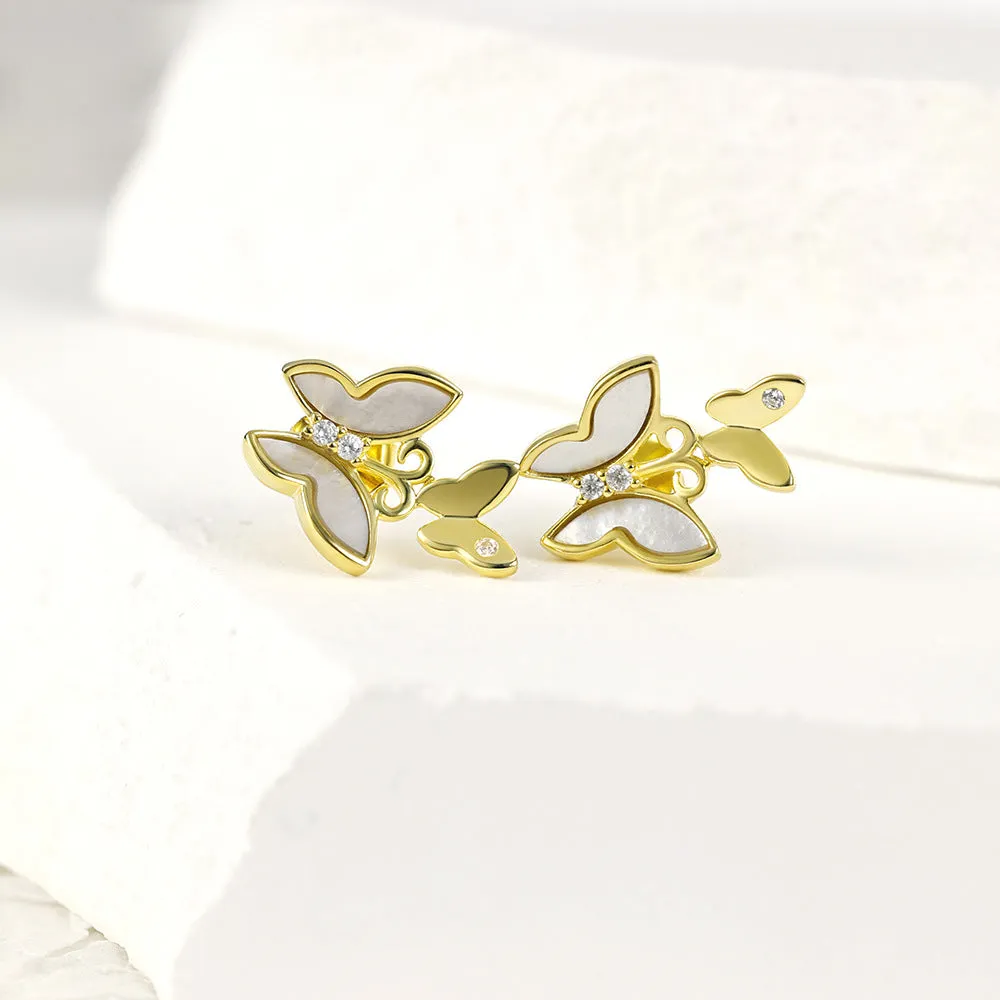 Double Butterfly Mother-of-pearl and Zircon Silver Studs Earrings for Women