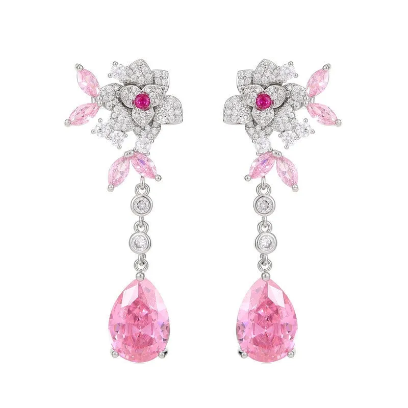 Drop Cubic Zircon Flower Earrings,  Crystals Earring for Bride, Women Girl Birthday Party Jewelry LYHR02627