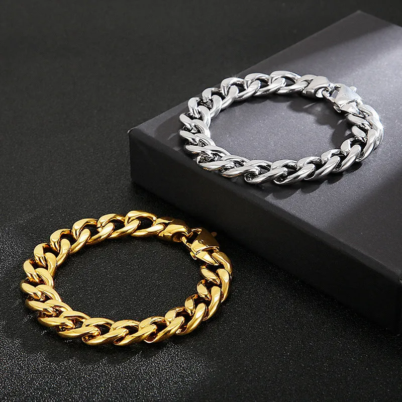 Electroplated 18K Gold Men's Punk Rock Bracelet and Necklace Set in Titanium Steel