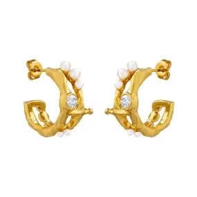 Elegant C Shape Diamond and Pearl Earrings