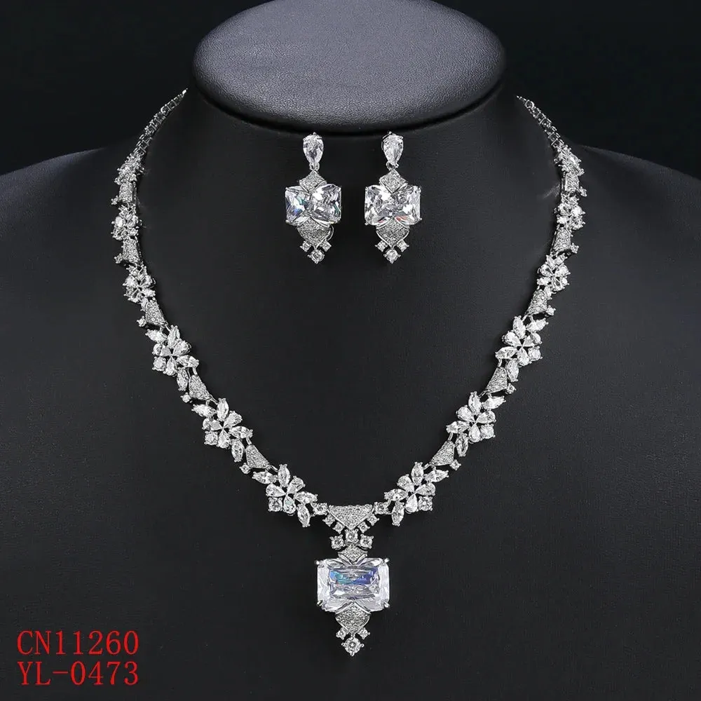 Elegant CZ Cubic Zirconia Pendant Necklace  Earrings Set Bridal Wedding Jewelry Sets for Women Gift CN11260