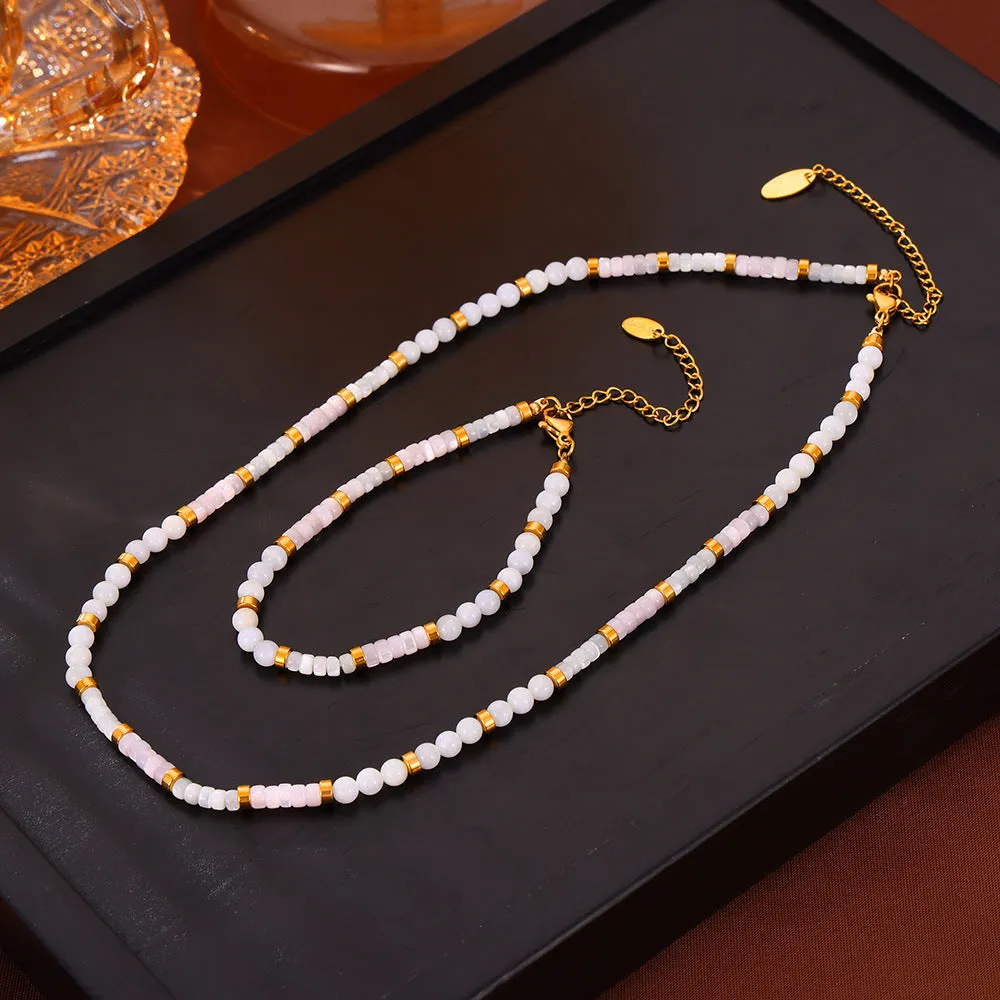 Elegant French Style Shell Beaded Jewelry Set with Titanium Steel Finish