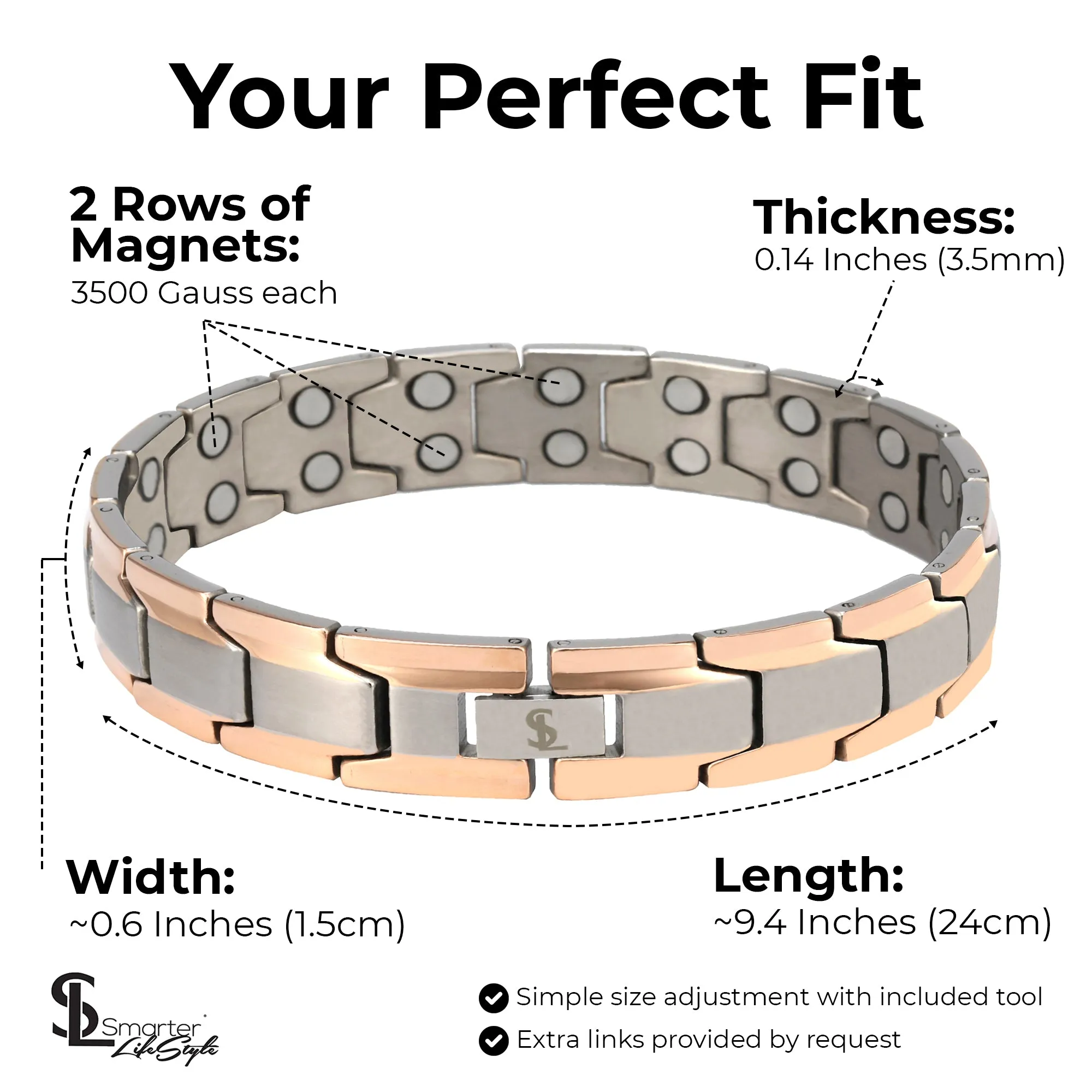 Elegant Men's Double Magnet Wide Titanium Magnetic Therapy Bracelet Pain Relief for Arthritis and Carpal Tunnel (Silver & Rose Gold)