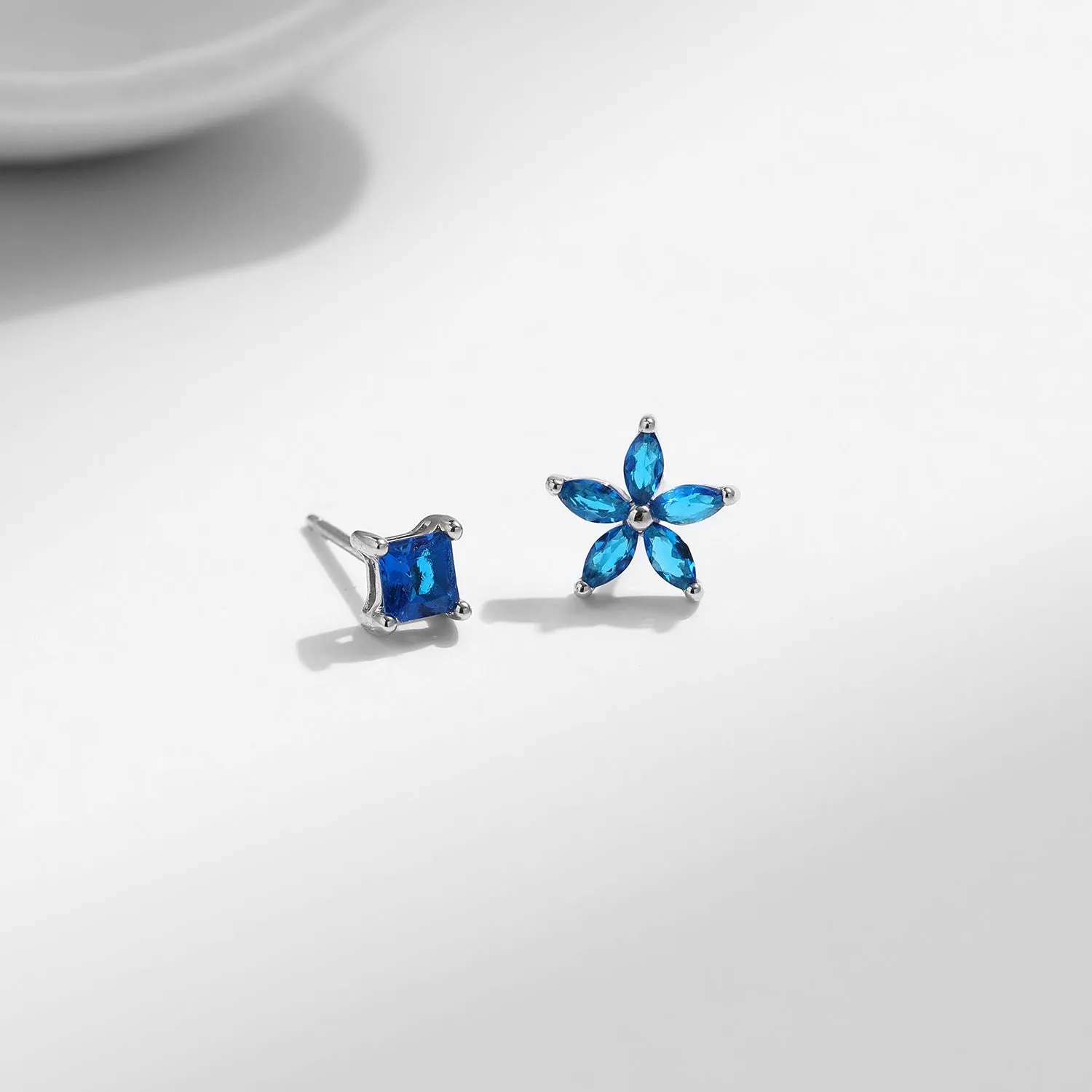 Elegant S925 Sterling Silver Asymmetric Blue Zircon Earrings