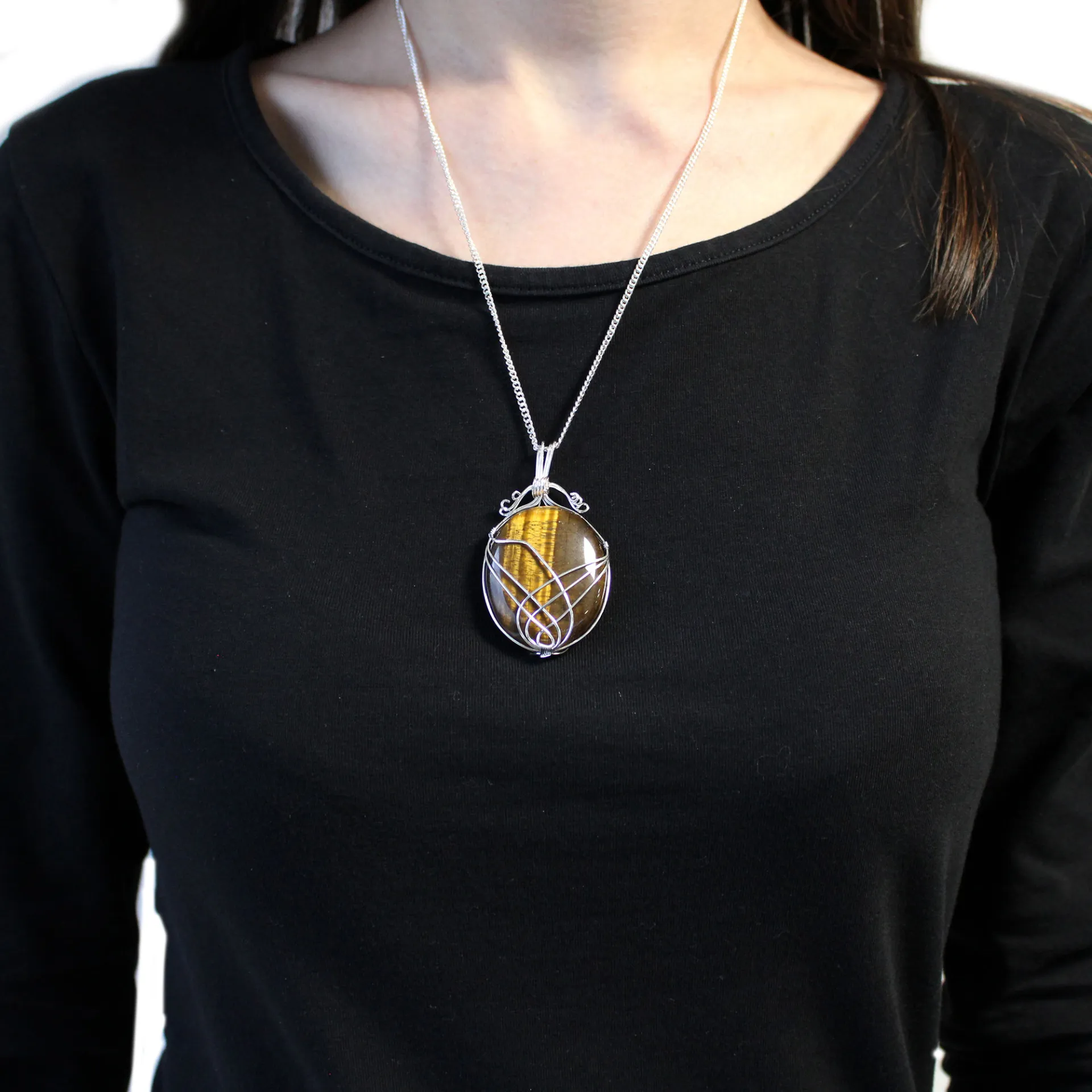 Elegant Swirl Wrapped Tiger Eye Gemstone Necklace - 50cm Chain