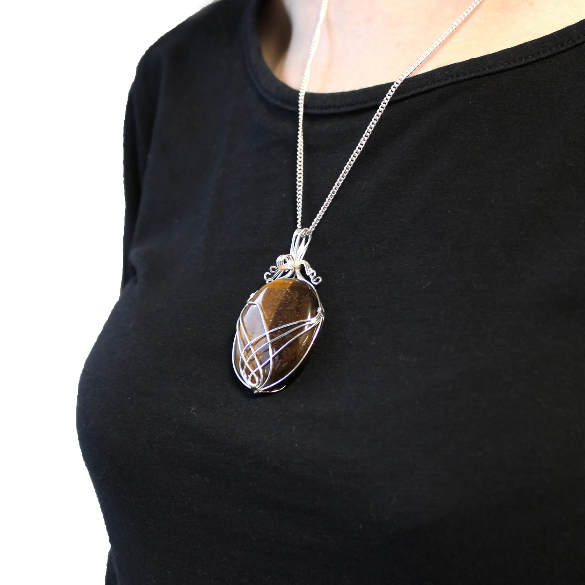 Elegant Swirl Wrapped Tiger Eye Gemstone Necklace - 50cm Chain