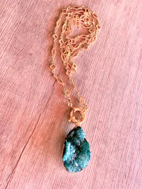 Elle Handmade Druzy Pendant On a 30" or 40" Gold Plated Moorish Pattern Necklace