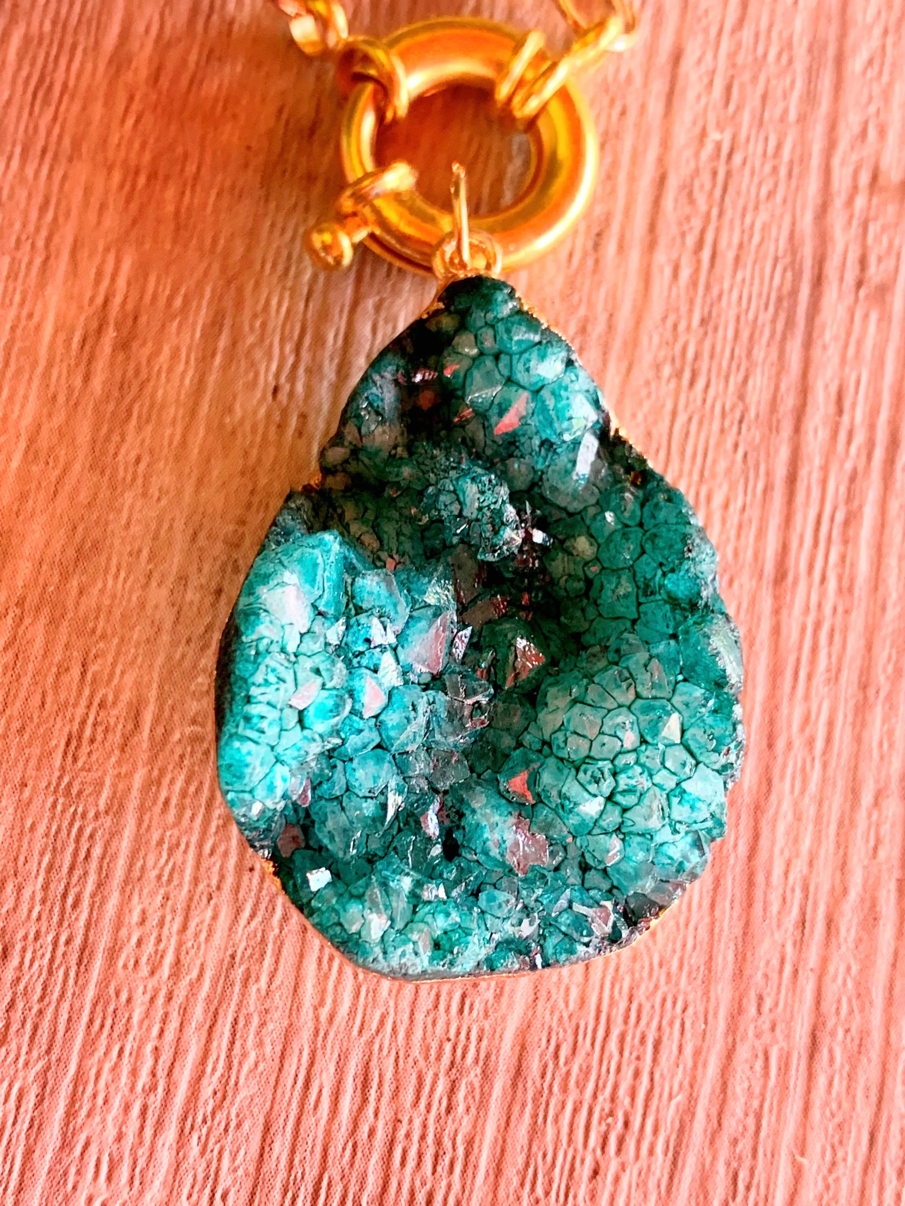 Elle Handmade Druzy Pendant On a 30" or 40" Gold Plated Moorish Pattern Necklace