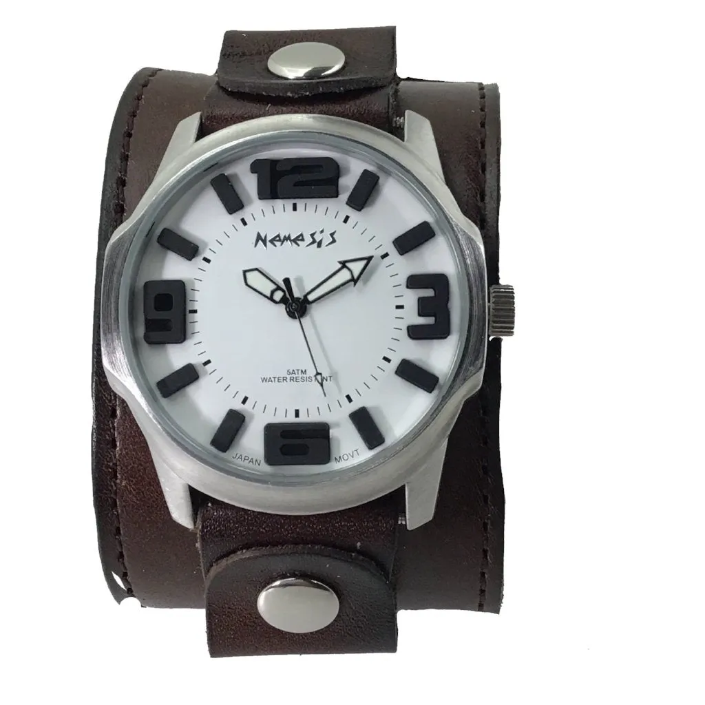 Embossed 3D White Watch with Distressed Dark Brown Leather Cuff