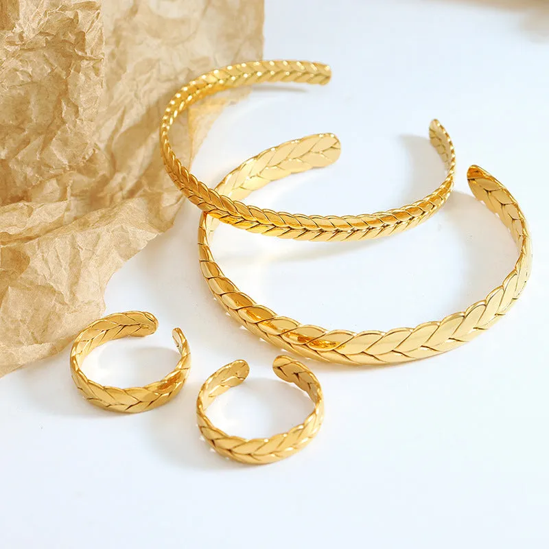 European and American Wheat Ear Bracelet and Ring Set - Gold-plated Titanium Steel Jewelry